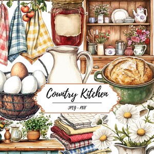 May include: Watercolor illustration of a country kitchen scene. Features a pie, bread in a pot, eggs in a basket, a pitcher, and a wooden cabinet with dishes. The image includes the text "Country Kitchen" and "JPEG - PDF".