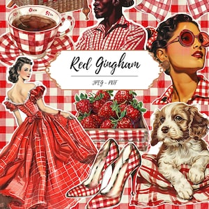 Red Gingham Printable Clip Art Pages // 60 Fussy Cut Images // Pattern // Vichy Check // Fashion // Homewares // Crafting Supply // Collage