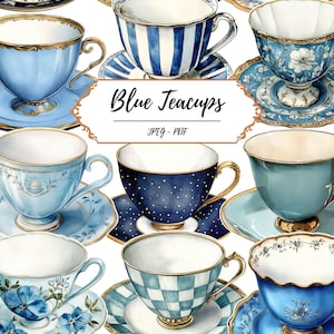 Páginas imprimíveis de xícaras de chá azuis // 60 imagens recortadas com inspiração vintage // Xícara de chá // Festa do chá // Clip art // Scrapbooking // Suprimentos para itens efêmeros