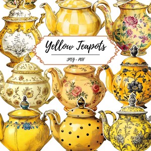 Puede incluir: Una colección de teteras amarillas con varios diseños florales y estampados. Algunas teteras presentan rosas, rayas y lunares. La imagen incluye el texto "Yellow Teapots" y "JPEG - PDF".