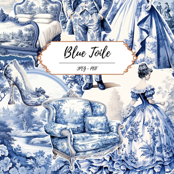 Blue Toile Printable Pages // 60 Fussy Cut Images // Digital Download // Fashion Print // Toile de Jouy // Pastoral Pattern // Country Theme