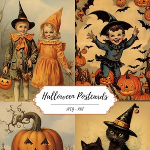 Cartes postales d'Halloween d'inspiration vintage à imprimer // 30 images aux coupes soignées // Ephémères numériques // Effrayant // Citrouilles // Maison hantée // Créations