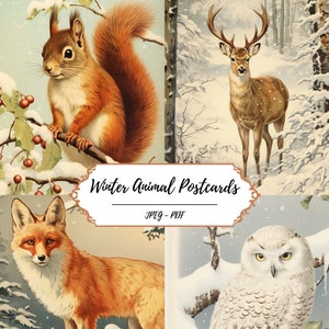 Cartes postales à imprimer animaux hivernaux/ 20 images coupes soignées d'inspiration vintage//PDF JPEG//neige//faune/animaux sauvages//écureuils/renards/harfangs des neiges