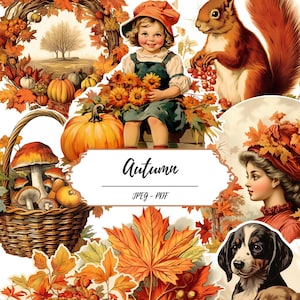 Vintage Inspired Autumn Printable Pages // 60 Fussy Cut Images // Digital Downloads // Fall Ephemera // Autumn Leaves // Pumpkins // Scenes