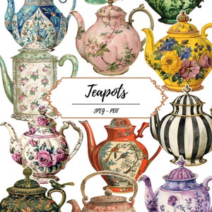 Teapot Fussy Cut Druckbare Seiten // 60 Vintage Inspirierte Bilder // Tea Time // Tee Party // PDF JPEG // Print at Home // Digitales Papier // Kunst