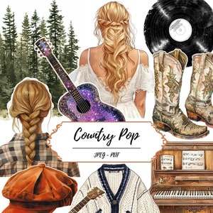 Afdrukbare pagina's muziek uit het country-tijdperk // 60 kieskeurige afbeeldingen // JPEG-pdf // Musical // Gitaar // Cowboylaars // Craft Supply // Ephemera-kit