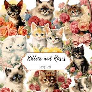 Pages imprimables de chatons et de roses // 60 images découpées d'inspiration vintage // Chats // Fleurs // Fournitures créatives // Scrapbooking // Journal