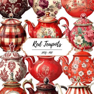 May include: A collection of decorative teapots in various designs and colors. The teapots are primarily red, with floral, plaid, and patterned details. The image includes the text "Red Teapots" and "JPEG - PDF".