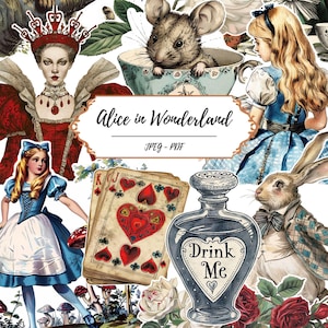 Pages imprimables d'Alice au pays des merveilles // 60 images aux coupes soignées // Thème du livre // Littéraire // Kit de scrapbooking // Collage // Fantastique // Journal