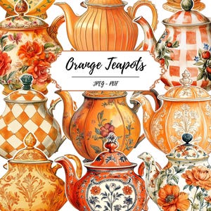 May include: A collection of orange teapots with various floral and patterned designs. The teapots are in shades of orange, yellow, and red, with intricate details. The image includes the text "Orange Teapots" and "JPEG - PDF".