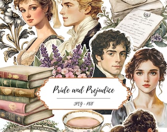 May include: A collection of digital printable images featuring characters from the novel Pride and Prejudice. The images include a couple embracing, a woman with a fan, a teacup and saucer, a gazebo, and a stack of books. The text "Pride and Prejudice" is written in a decorative font.