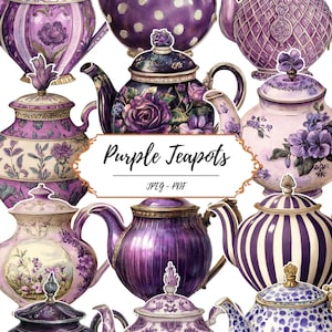 May include: A collection of purple teapots in various designs. The teapots feature floral patterns, stripes, and polka dots. The image includes the text "Purple Teapots" and "JPEG - PDF".