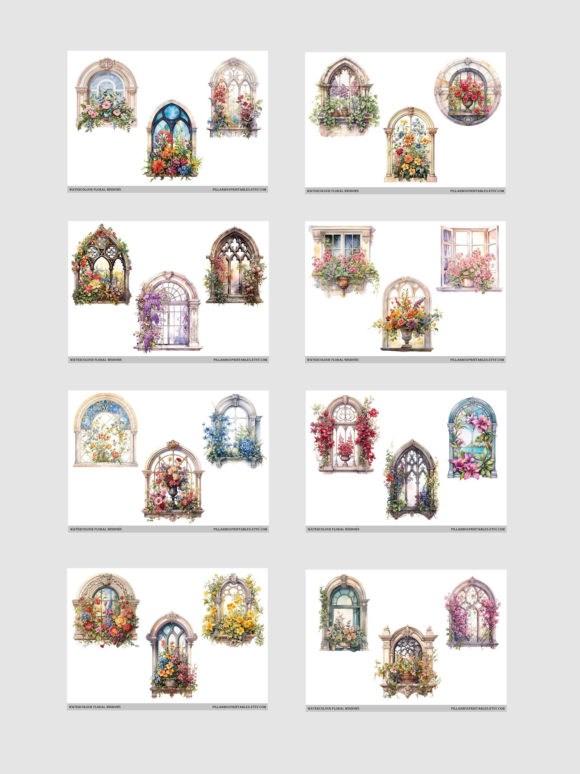 Watercolour Floral Windows Printable Digital Pages // 60 Fussy Cut