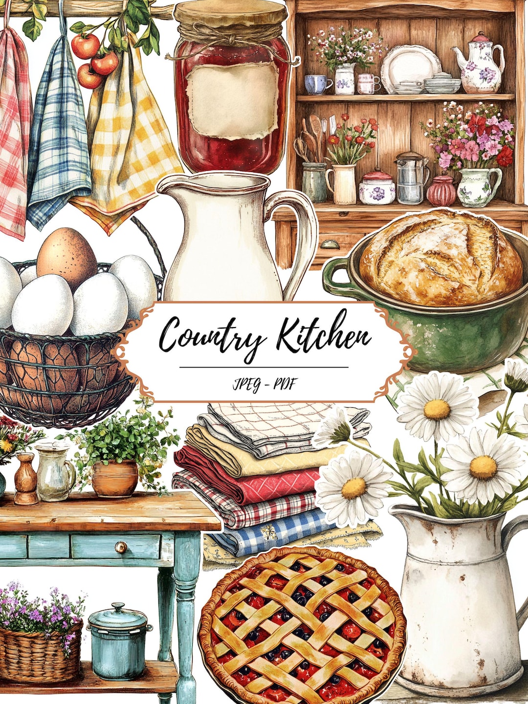 Country Kitchen Printable Pages // 60 Vintage Inspired Fussy Cut Clip ...