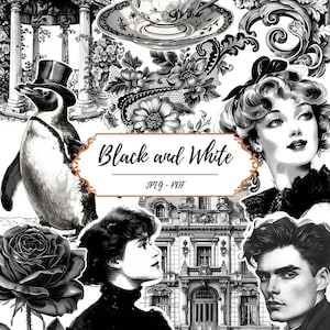 Schwarz und Weiß Thema Druckbare Seiten // 60 Vintage inspirierte Clip Art Bilder // Monochrom // Ephemera Kit // Scrapbooking // Journaling Set