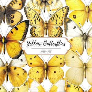 May include: A collection of yellow butterflies in various sizes and patterns. The butterflies range in shades from pale yellow to deep gold, with intricate wing details. The image includes the text "Yellow Butterflies" and "JPEG - PDF".