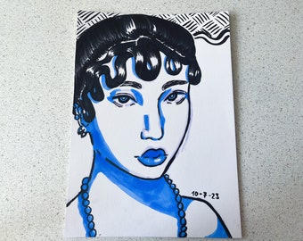 Woman portrait sketch - original art piece- Blue wall art - Alcohol markers on 200 gsm mixedmedia paper