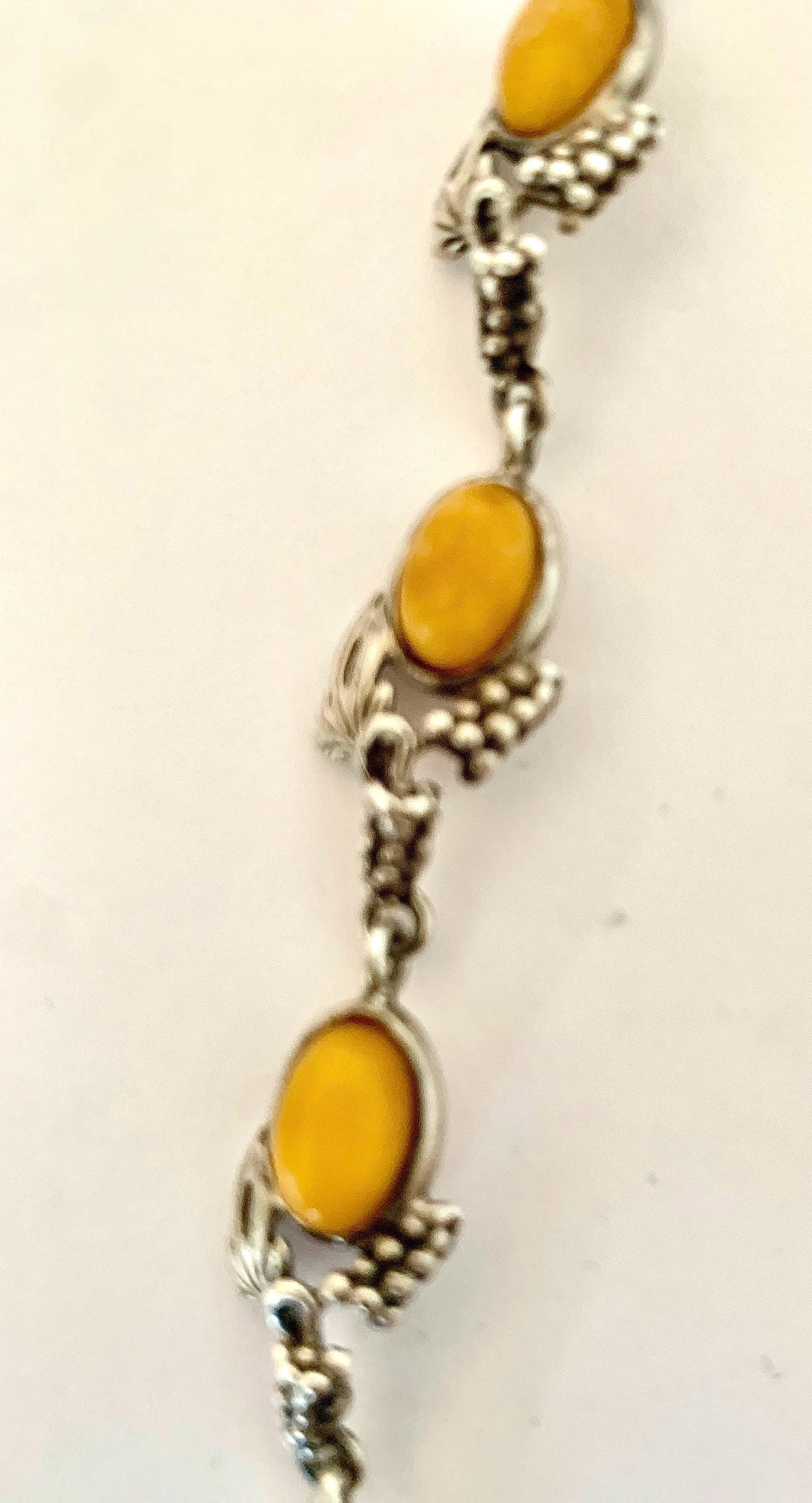 Bracelet Art Nouveau En Argent 925 Et Ambre Jaune Caramel – Signé – Style Vigne