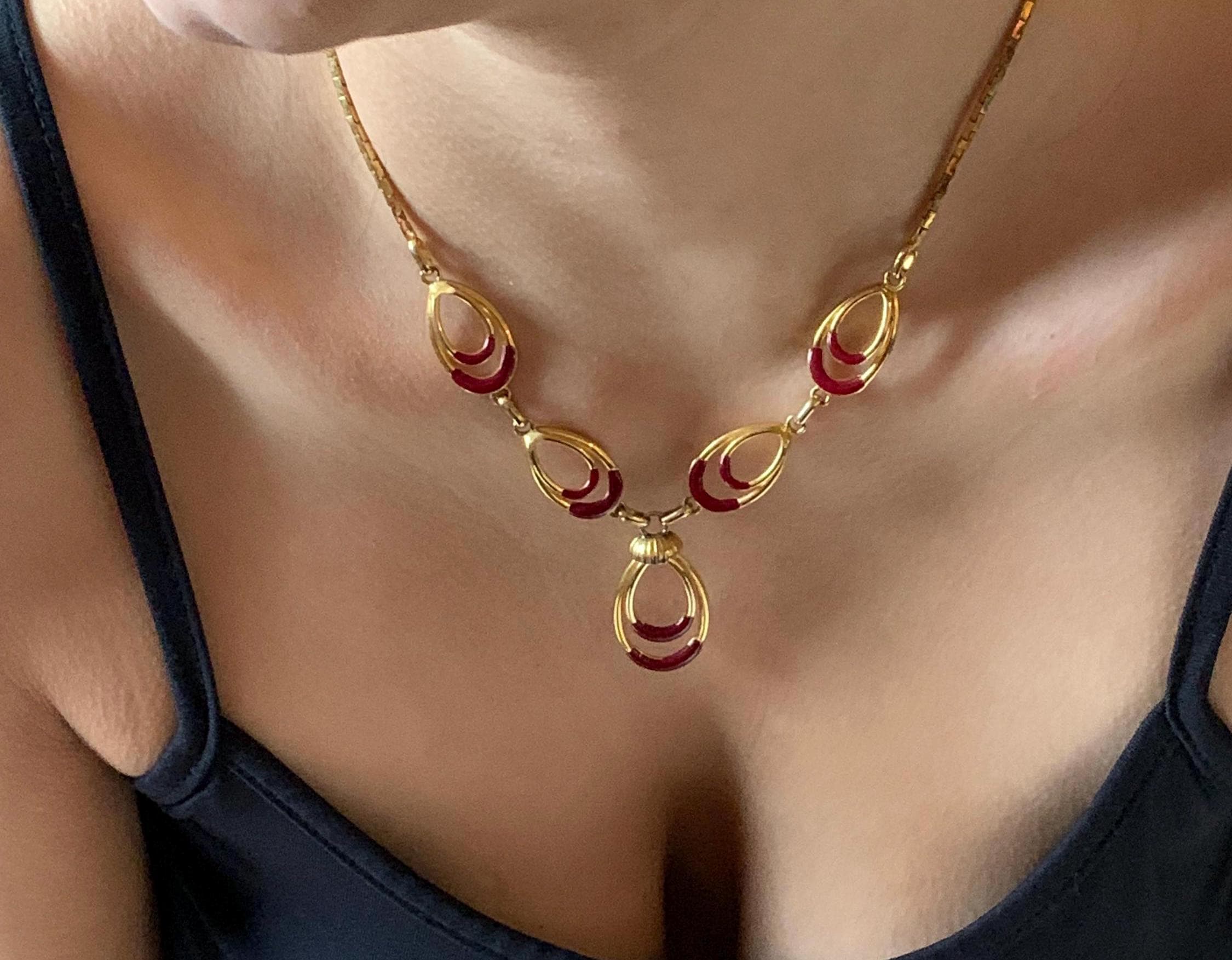 Vintage Guy Laroche Necklace From the 70s/80s, Cherry Red Enamel
