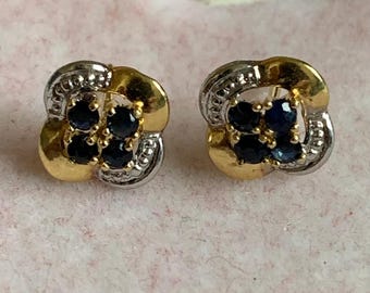 4 leaf clover - earrings - 2 gold and sapphire studs - Art Nouveau