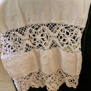 Rare French Antique Linen Bolster Case 19th Century  Double Tape Lace Insert