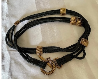 Georges REch belt in black leather and macramé textile and gold metal - 80s/90s