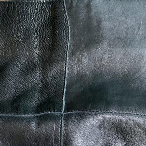 May include: Close-up of a black leather garment with a zipper. The leather has a textured appearance and is divided into sections by visible stitching. The zipper is gold-colored.