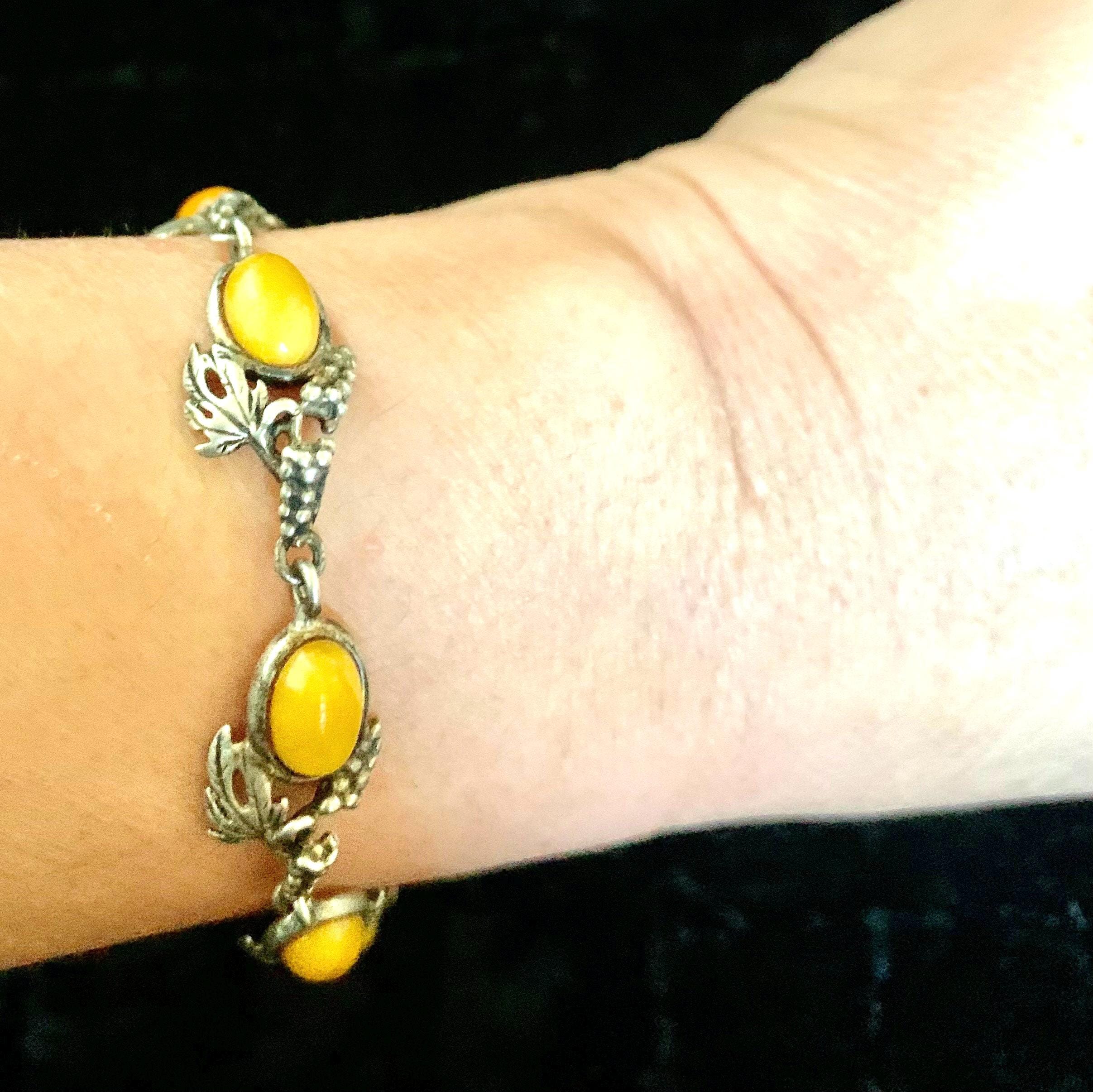 Bracelet Art Nouveau En Argent 925 Et Ambre Jaune/caramel - Signé - Occasion