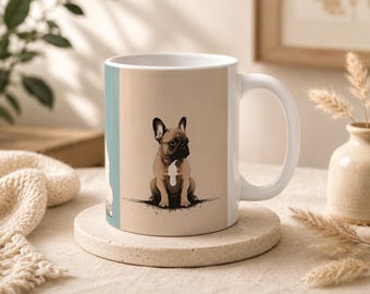 フレンチブルドッグ柄セラミックマグカップ – 犬好きのためのコーヒーカップ、11オンス、ホワイトセラミック、食洗機対応