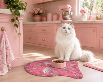 Pink Toile Cat Feeding Mat - Cottagecore Pet Bowl Mat, Shabby Chic Floral Kitty Placemat