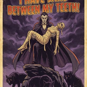 Può includere: Poster vintage con un vampiro che tiene in braccio una mummia, con la scritta "I HAVE SAND BETWEEN MY TEETH!" in arancione. Tre lupi neri con occhi luminosi in basso. Lo sfondo è viola scuro con un aspetto invecchiato.
