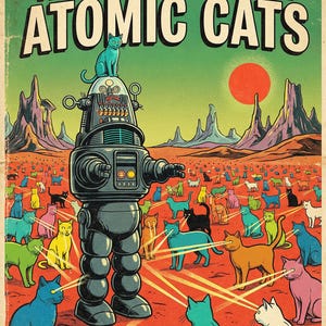 May include: A retro poster reading "The Planet of the Atomic Cats." It shows a robot with a cat on top, surrounded by colourful cats with laser beams. The background features a red planet and a green sky, with a vintage, distressed look.