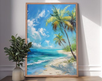 Tropical Beach Palm Tree Oil Painting, Coastal Wall Art, Nautical Home Decor, Framed Poster