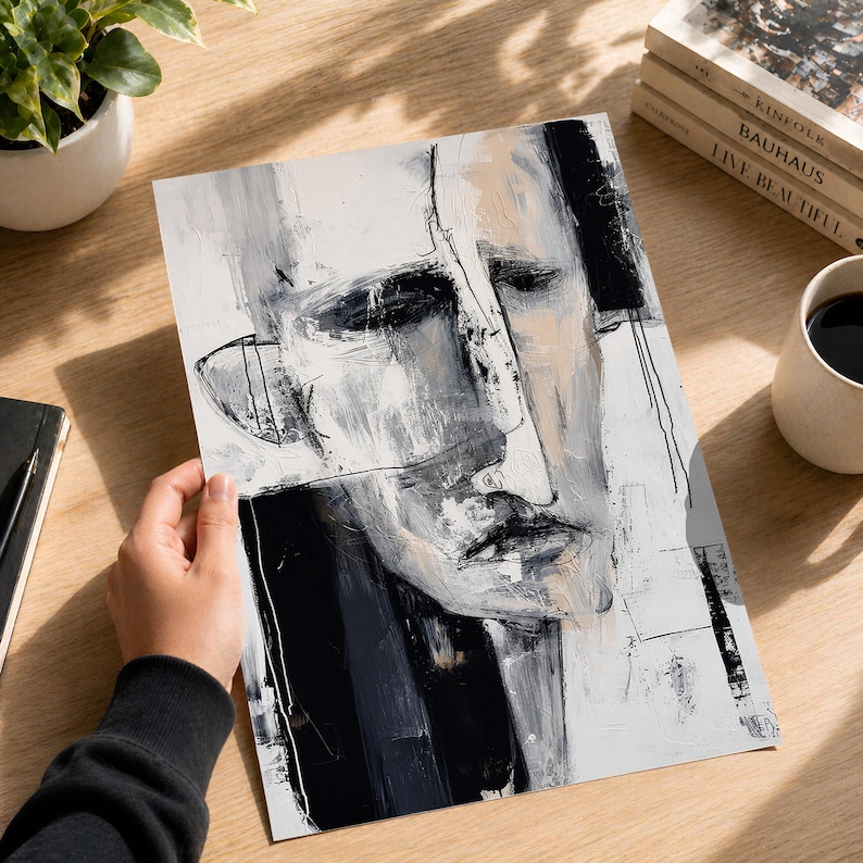 Modern Abstract Face Poster - Minimalist Black White Oil Painting ...