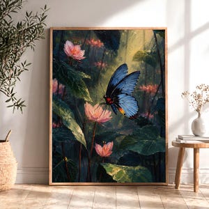 Butterfly Wall Art - Blue Morpho Lotus Painting Print, Floral Insect Poster