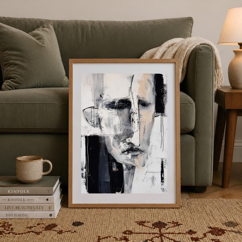 Modern Abstract Face Poster - Minimalist Black White Oil Painting ...
