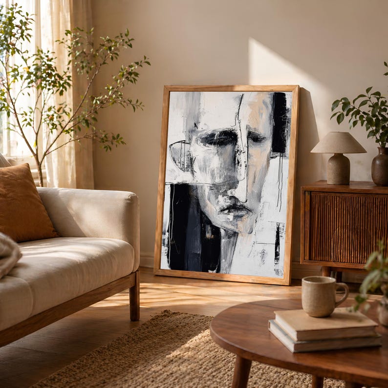 Modern Abstract Face Poster - Minimalist Black White Oil Painting ...
