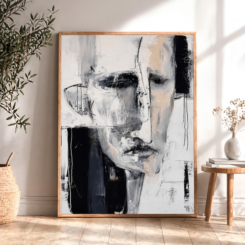 Modern Abstract Face Poster - Minimalist Black White Oil Painting ...
