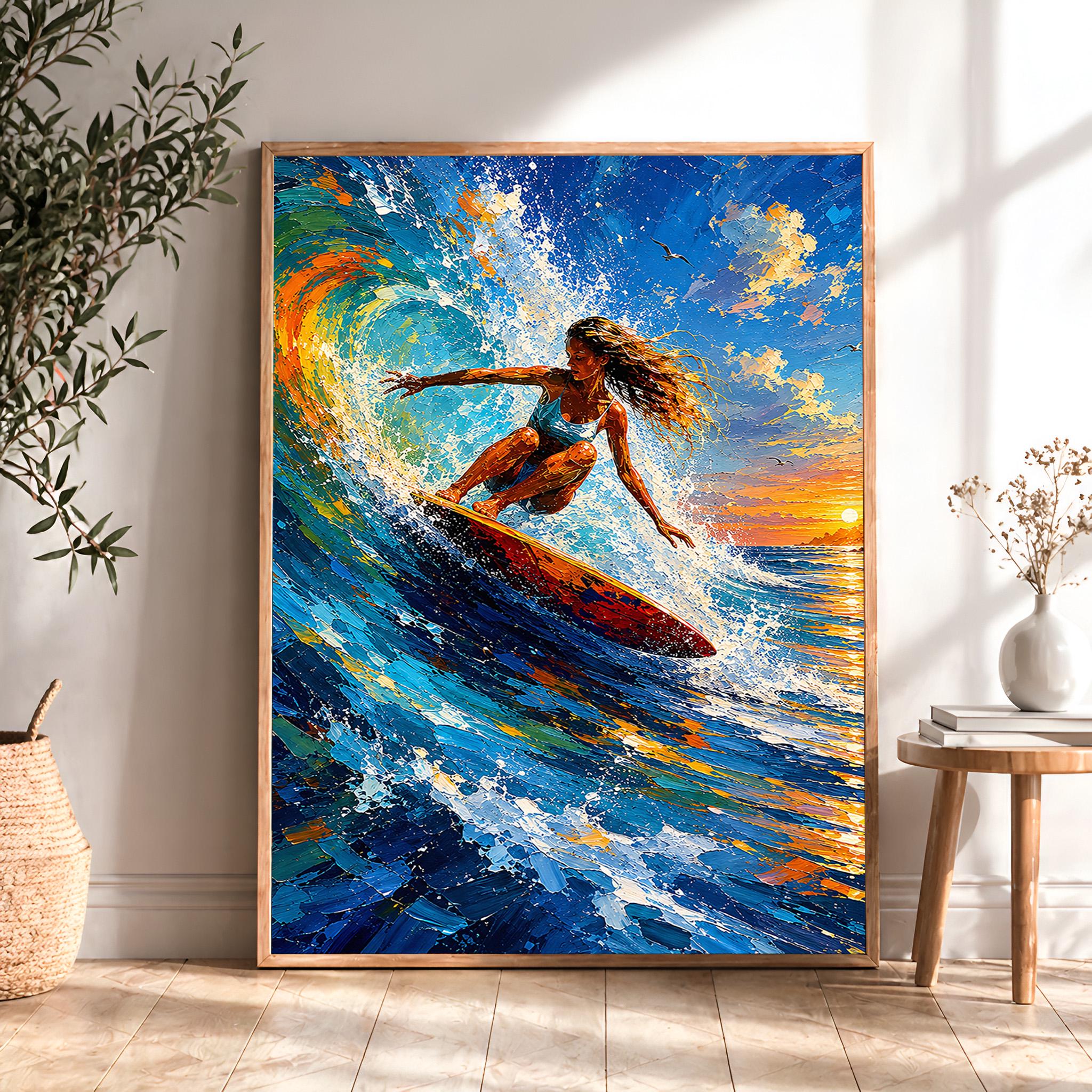 Surfing Girl Wall Art Print, Ocean Wave Oil Painting Poster