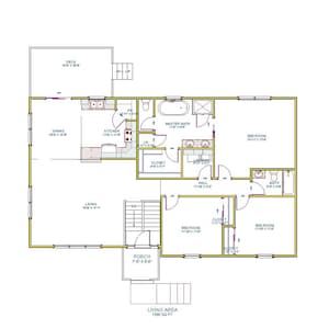 May include: A floor plan of a house with a living area of 1580 square feet. The house has a deck, porch, kitchen, dining room, living room, master bath, and three bedrooms.