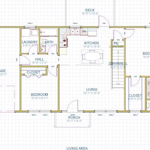 Puede incluir: Un plano de planta de una casa con un garaje, una terraza, un porche, una cocina, una sala de estar, dormitorios, baños y armarios. El plano incluye las dimensiones de las habitaciones en pies y pulgadas.