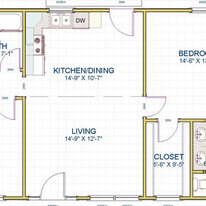 Plattegrond huis - pdf, 1 verdiepingen, 2 slaapkamers, 2 badkamers, 1024 SF - PL1708