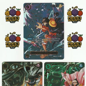 May include: Trading cards with illustrations of characters from a manga or anime series. The cards feature Monkey D. Luffy, Sabo, and Smoker, with values and power levels displayed. The "Pirate's Bounty TCG" logo is visible.