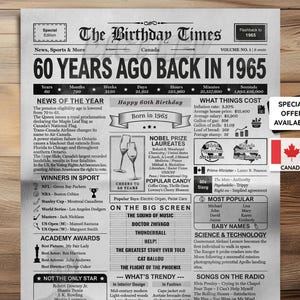 60th Birthday Newspaper Printable Poster - Born in 1965 - Instant Download Birthday Decor - Monochrome Press CANADA Version