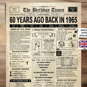 60th Birthday Newspaper Printable Poster - Born in 1965 - Instant Download Birthday Decor - Aged Gazette UK Version