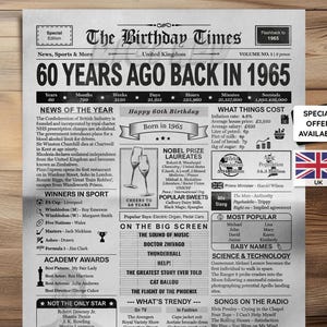 60th Birthday Newspaper Printable Poster - Born in 1965 - Instant Download Birthday Decor - Monochrome Press UK Version