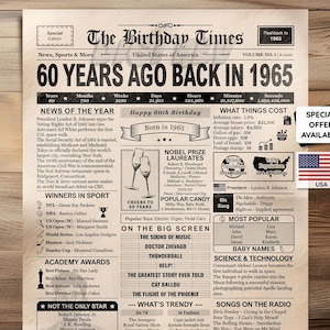 60th Birthday Newspaper Printable Poster - Born in 1965 - Instant Download Birthday Decor - Heritage Broadsheet US Version