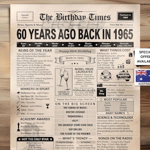 60th Birthday Newspaper Printable Poster - Born in 1965 - Instant Download Birthday Decor - Heritage Broadsheet AUSTRALIA Version