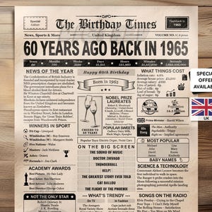 60th Birthday Newspaper Printable Poster - Born in 1965 - Instant Download Birthday Decor - Heritage Broadsheet UK Version