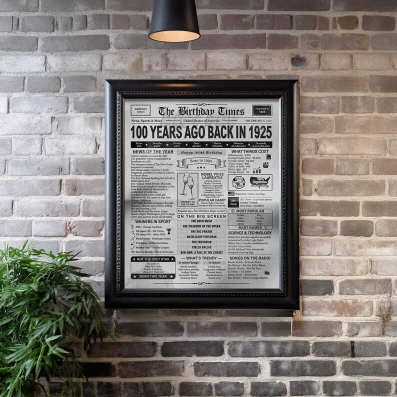 100th Birthday Newspaper Printable Poster - Born in 1925 - Instant ...